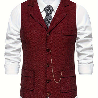 Men's Herringbone Tweed Vest - Single-Breasted Chain Detail Brown