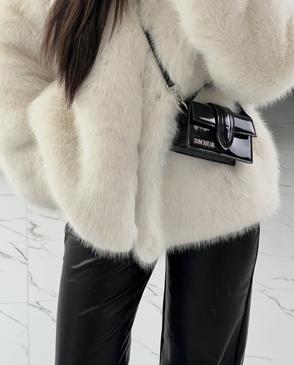 Women's Elegant V-Neck Faux Fur Coat - Solid Color Winter
