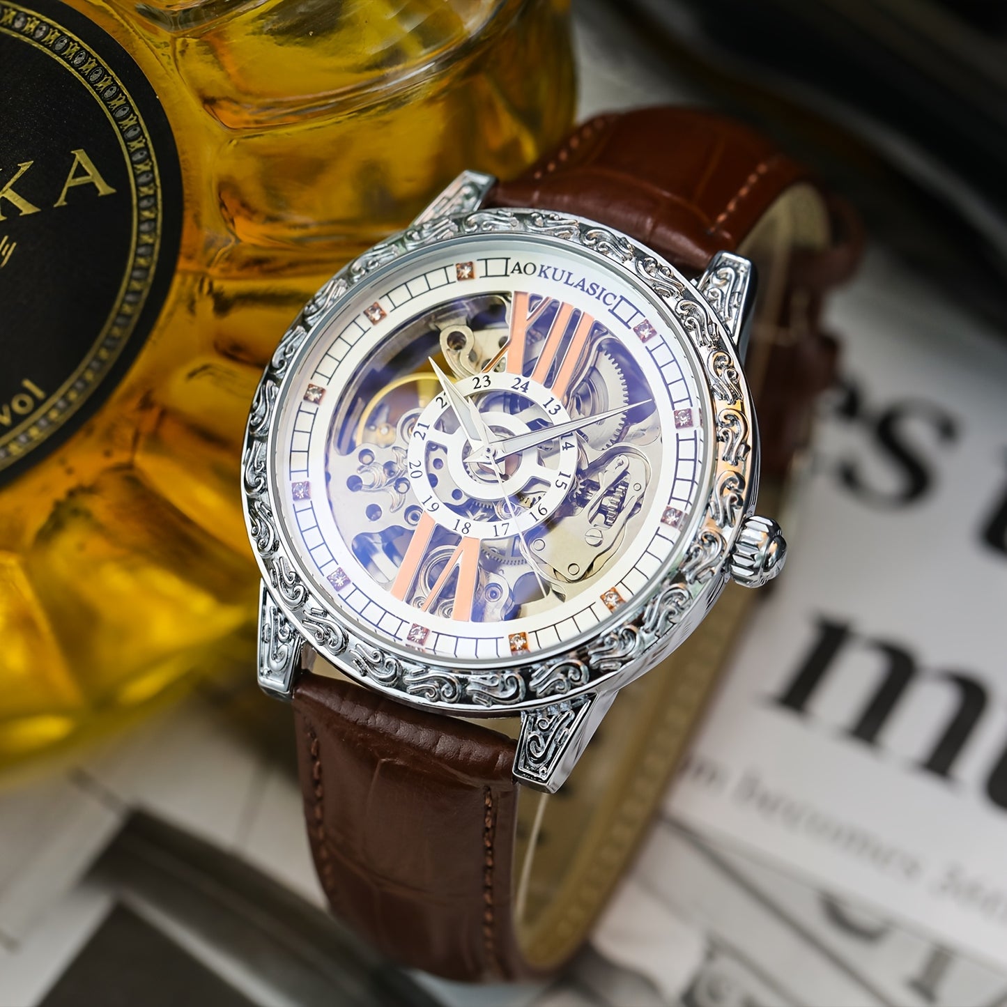 AOKULASIC Men's Luxury Tourbillon Skeleton Automatic Watch