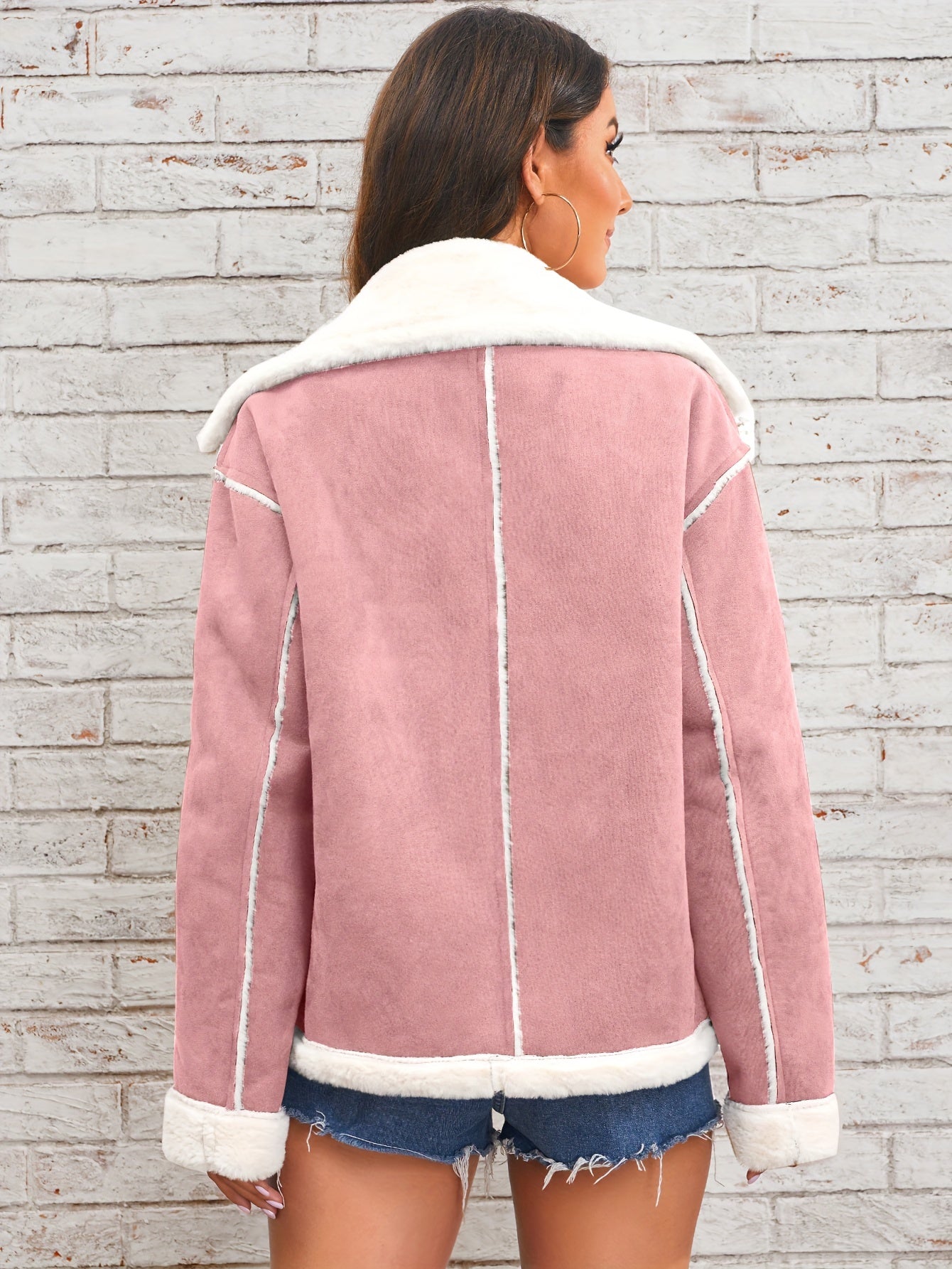 Women's Winter Jacket - Pink & White Collar with Pockets