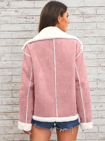 Women's Winter Jacket - Pink & White Collar with Pockets