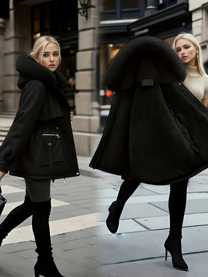 Women's Winter Fleece-Lined Thermal Coat - Full-Zip A-Line Hood