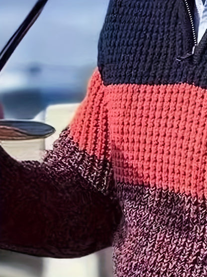 Men's Half-Zip Striped Sweater - Stand Collar Color Block