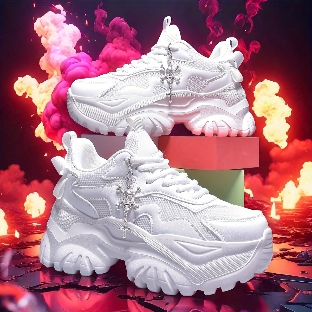 Women's 7cm Height-Increasing Fashion Casual Sneakers with Halloween Elements 3D Cross Skull Metal Shiny Pendant Chain Accessory, Dark Style Women's Outdoor All Seasons EVA Thick Platform High Waterline Lightweight Soft Botto