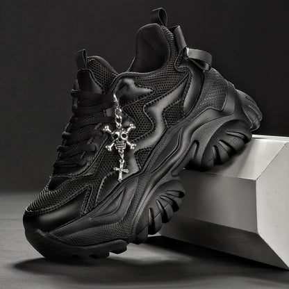 Women's 7cm Height-Increasing Fashion Casual Sneakers with Halloween Elements 3D Cross Skull Metal Shiny Pendant Chain Accessory, Dark Style Women's Outdoor All Seasons EVA Thick Platform High Waterline Lightweight Soft Botto