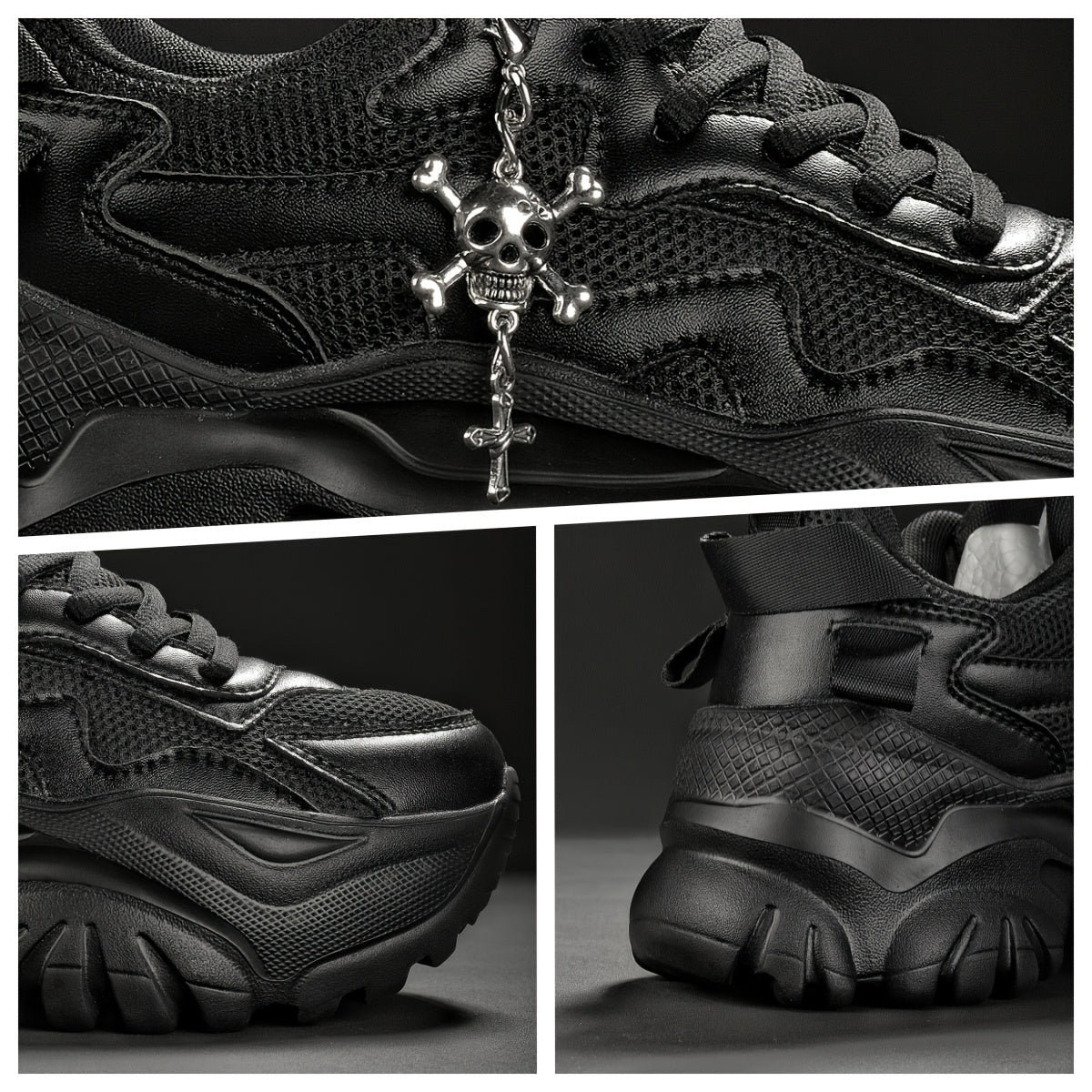 Women's 7cm Height-Increasing Fashion Casual Sneakers with Halloween Elements 3D Cross Skull Metal Shiny Pendant Chain Accessory, Dark Style Women's Outdoor All Seasons EVA Thick Platform High Waterline Lightweight Soft Botto