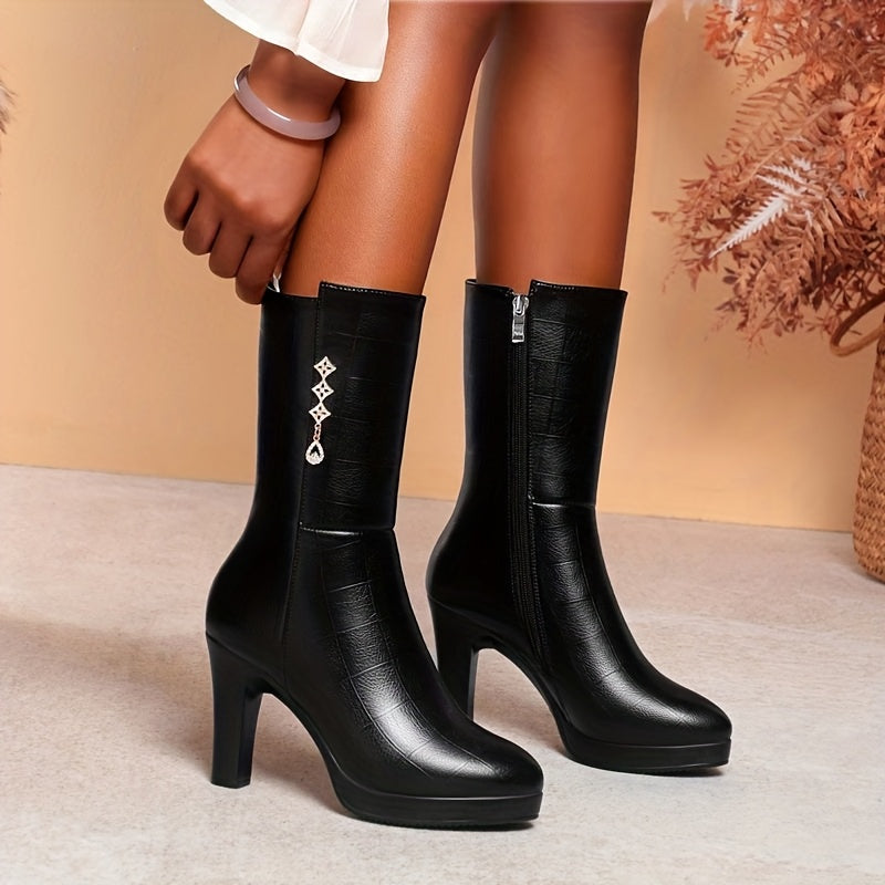 Women's Fleece-Lined Mid-Calf Boots - Rhinestone