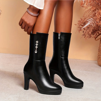 Women's Fleece-Lined Mid-Calf Boots - Rhinestone