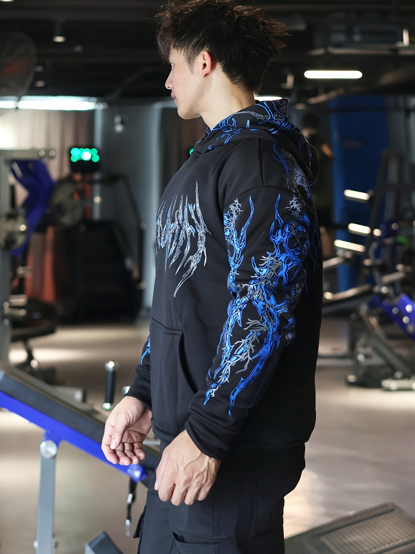 Men's Striped Graphic Print Hoodie - Loose Fit with Kangaroo Pocket