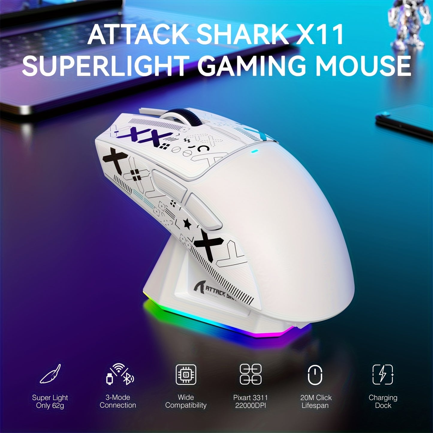 ATTACK SHARK X11 Gaming Mouse - Magnetic Charging Dock Multi-Platform