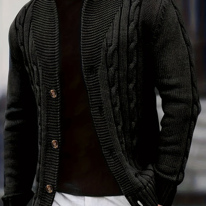 Men's Cable Knit Sweater - Black Large Lapel Ribbed