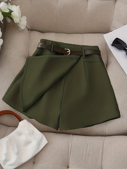 Women's Fashion Solid Color Shorts - Faux Pocket with Belt