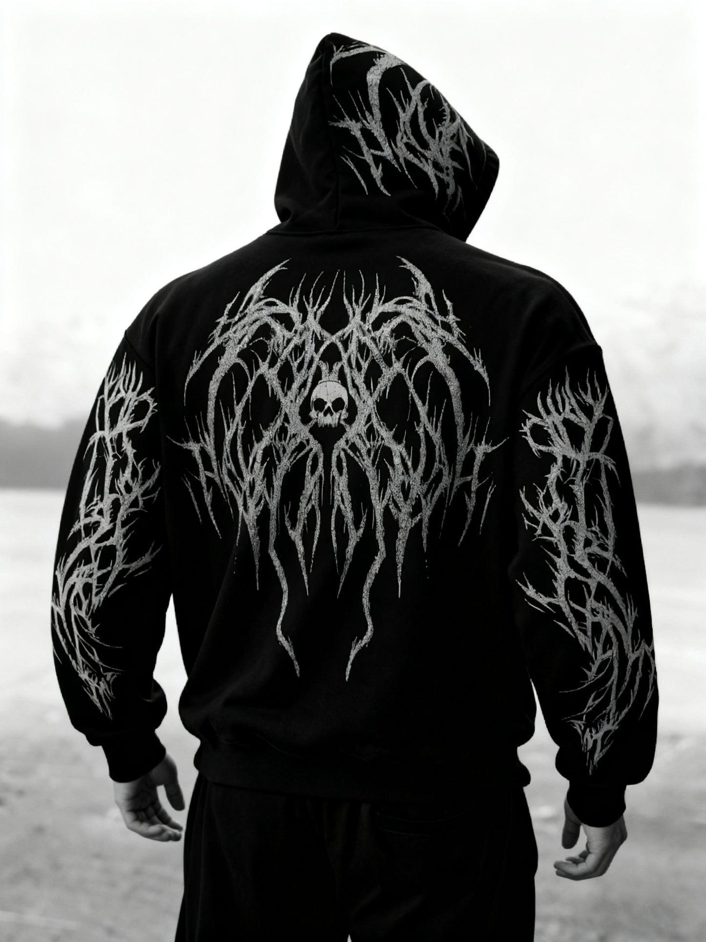Men's Gothic Skull Print Zip Hoodie - Loose Fit with Pockets