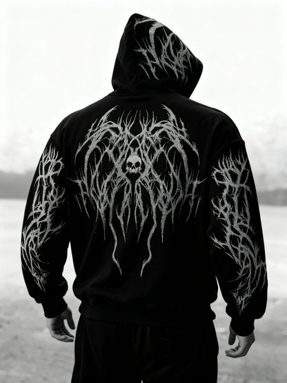 Men's Gothic Skull Print Zip Hoodie - Loose Fit with Pockets