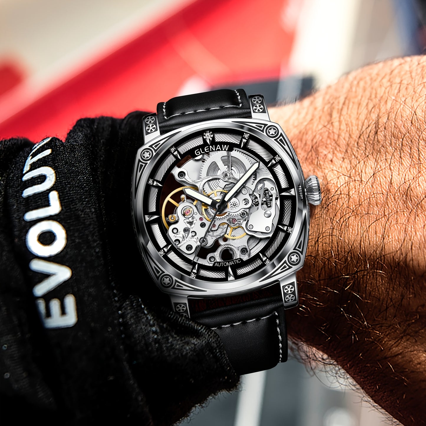 GLENAW Men's Hollow Automatic Watch - Rhinestone Dial Mechanical