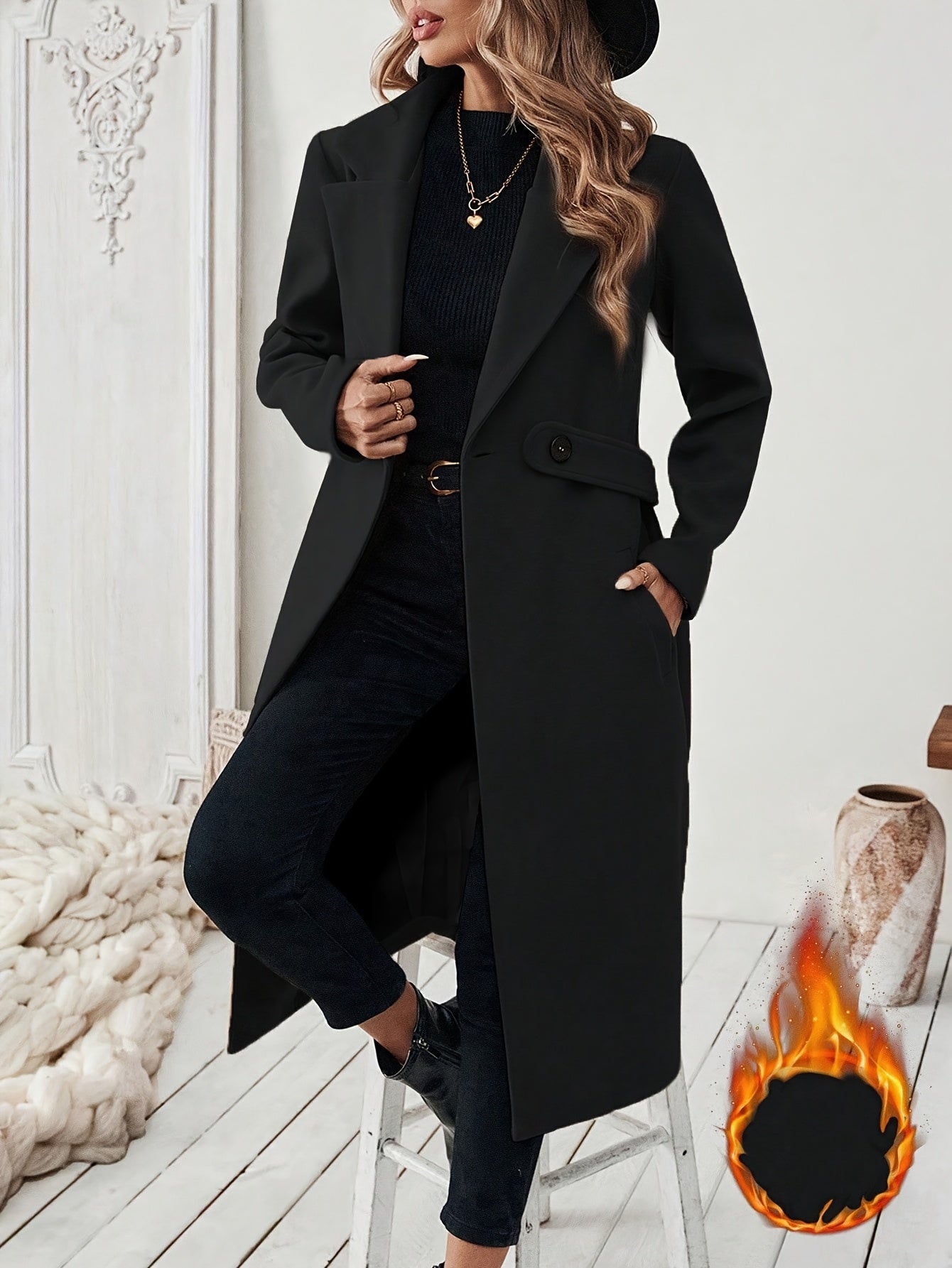 Women's Suit Collar Two-Tone Belted Long Coat - Elegant H-Line