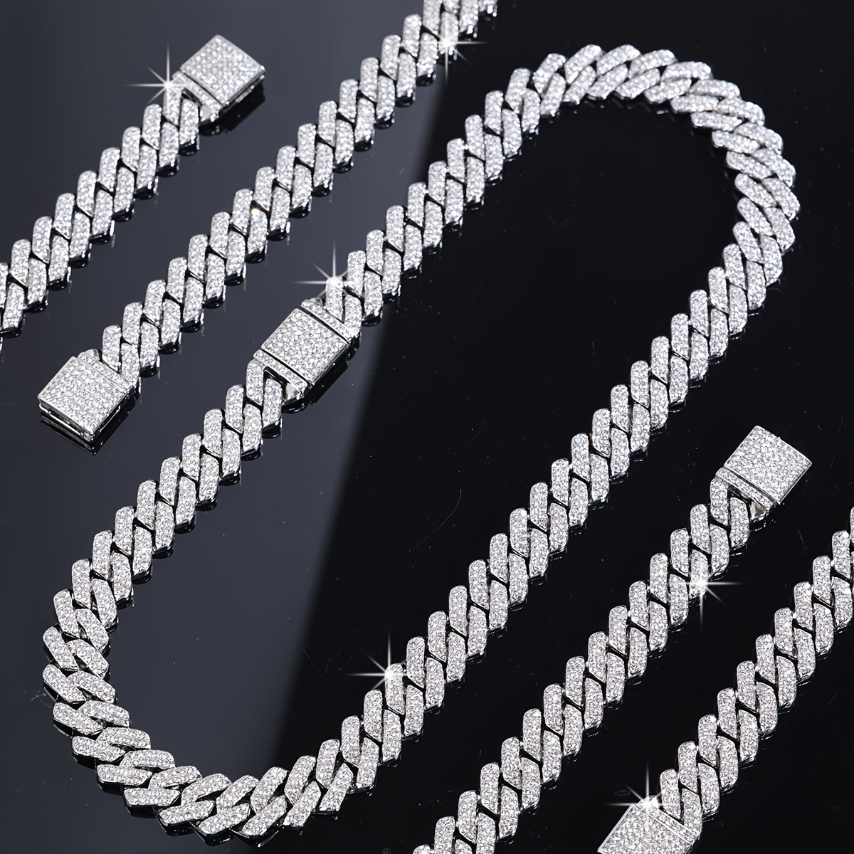 Iced Out Rhinestone Cuban Chain - Men's Hip Hop Necklace/Bracelet