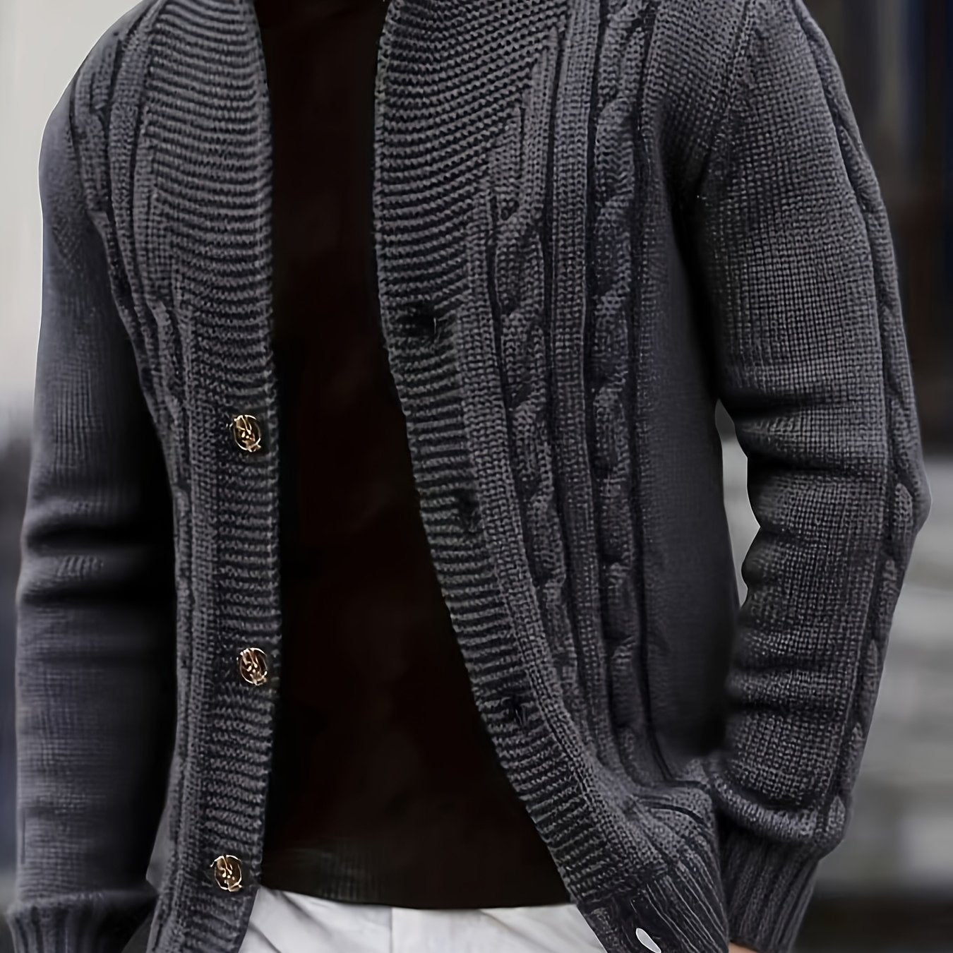 Men's Cable Knit Sweater - Black Large Lapel Ribbed