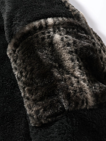 Men's Vintage Plush Jacket - Geometric Pattern with Faux Fur