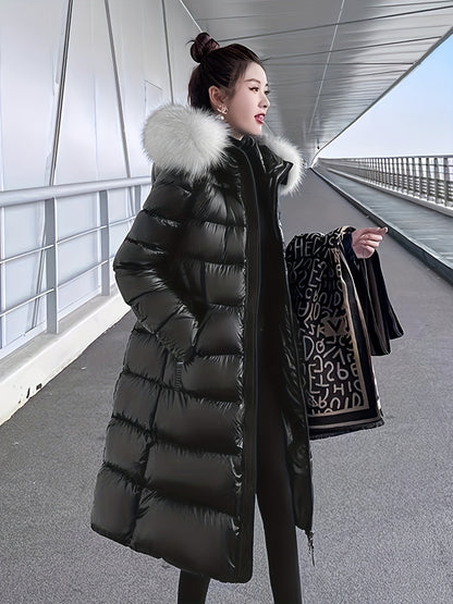 Women's Elegant Longline Coat - Faux Fur Hood