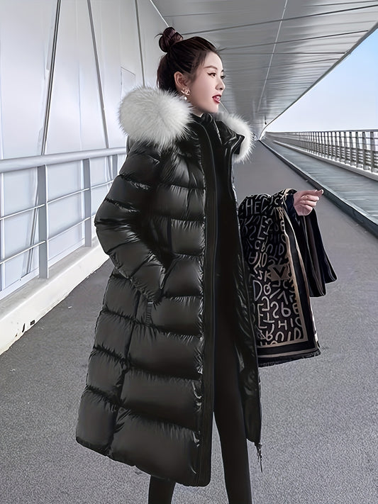 Women's Elegant Longline Coat - Faux Fur Hood