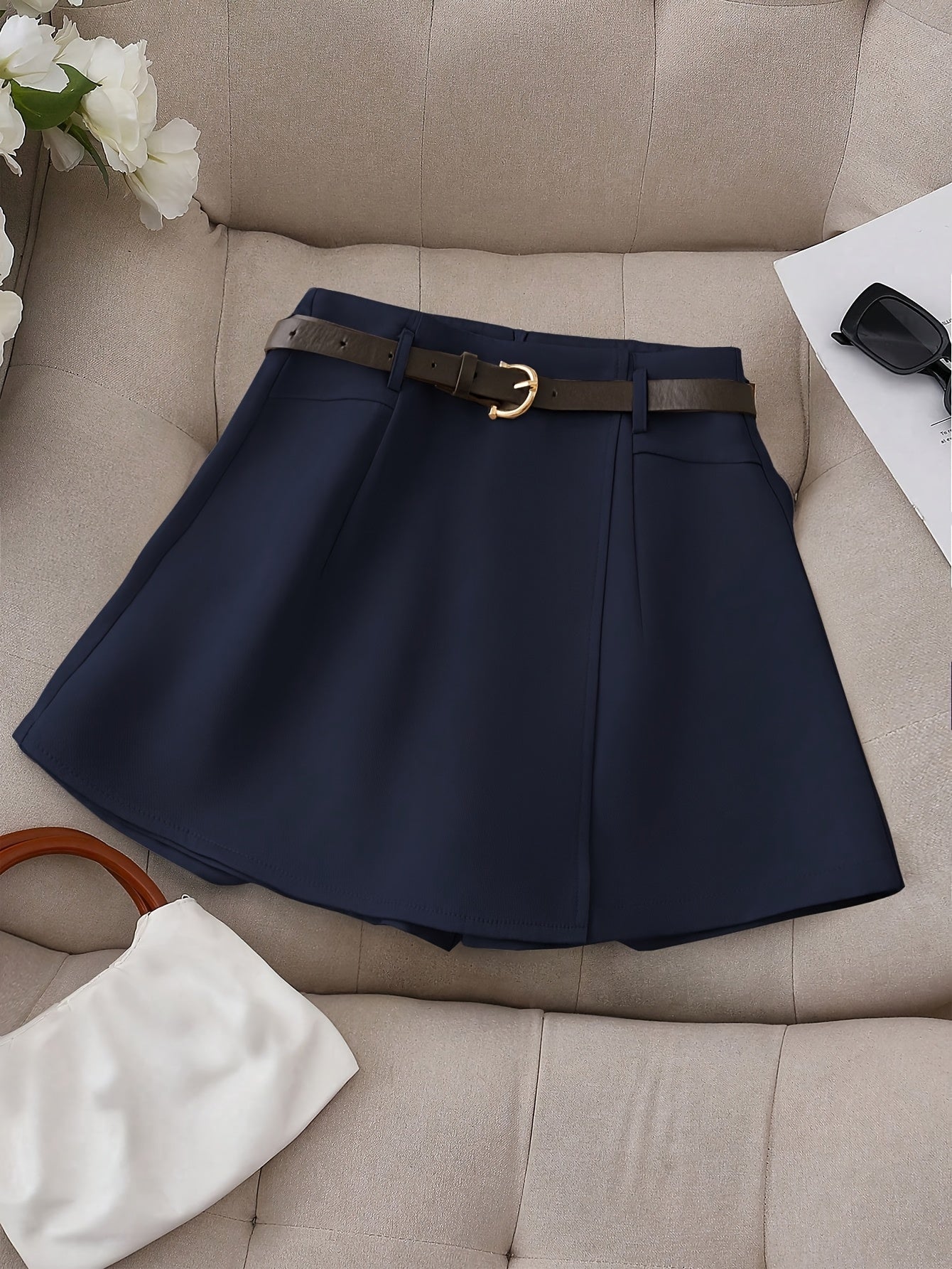 Women's Fashion Solid Color Shorts - Faux Pocket with Belt