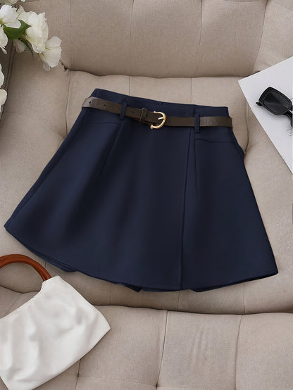 Women's Fashion Solid Color Shorts - Faux Pocket with Belt
