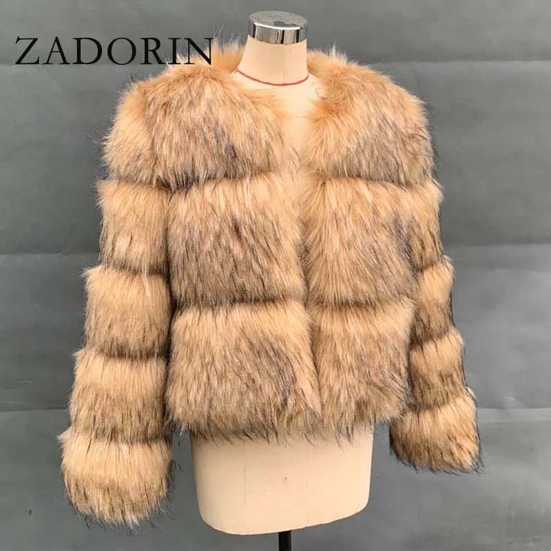 ZADORIN Woman Fashion Faux Raccoon Fur Coat Luxury Short Warm Fur Top Furry Jacket Women Winter Plush Fluffy Fur Coats for Woman