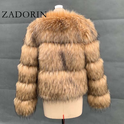 ZADORIN Woman Fashion Faux Raccoon Fur Coat Luxury Short Warm Fur Top Furry Jacket Women Winter Plush Fluffy Fur Coats for Woman