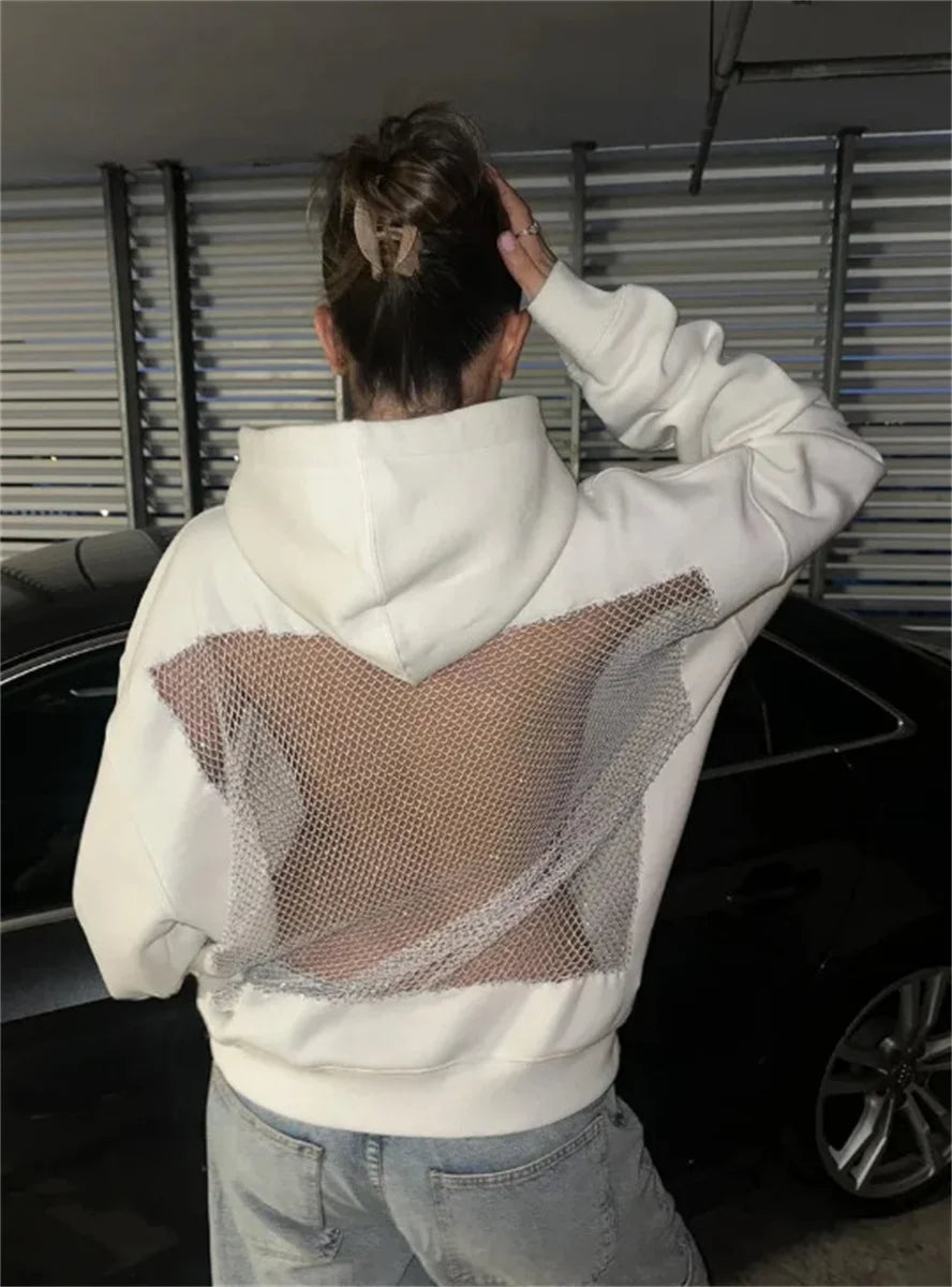 Women's Fashion Translucent Pullover Sweatshirt American Gothic Sexy Hollow Mesh Hoodie Y2K Clothes Casual Long Sleeves Jacket