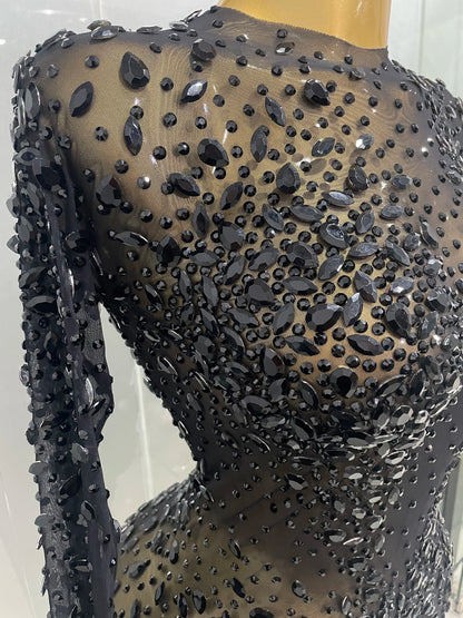 Sexy, glänzendes, langes Stretch-Mesh-Kleid mit Strasssteinen – transparent – ​​2025 – Neu – Damen-Abendkleid, Geburtstagskleid, Partykleid, Ballkleid, Clubkleid, Bühnenkleid für Sängerinnen