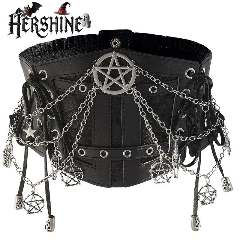HERSHINE 1 piece women's Y2K black chain waist belt five-pointed star decoration Gothic style street style Halloween cosplay