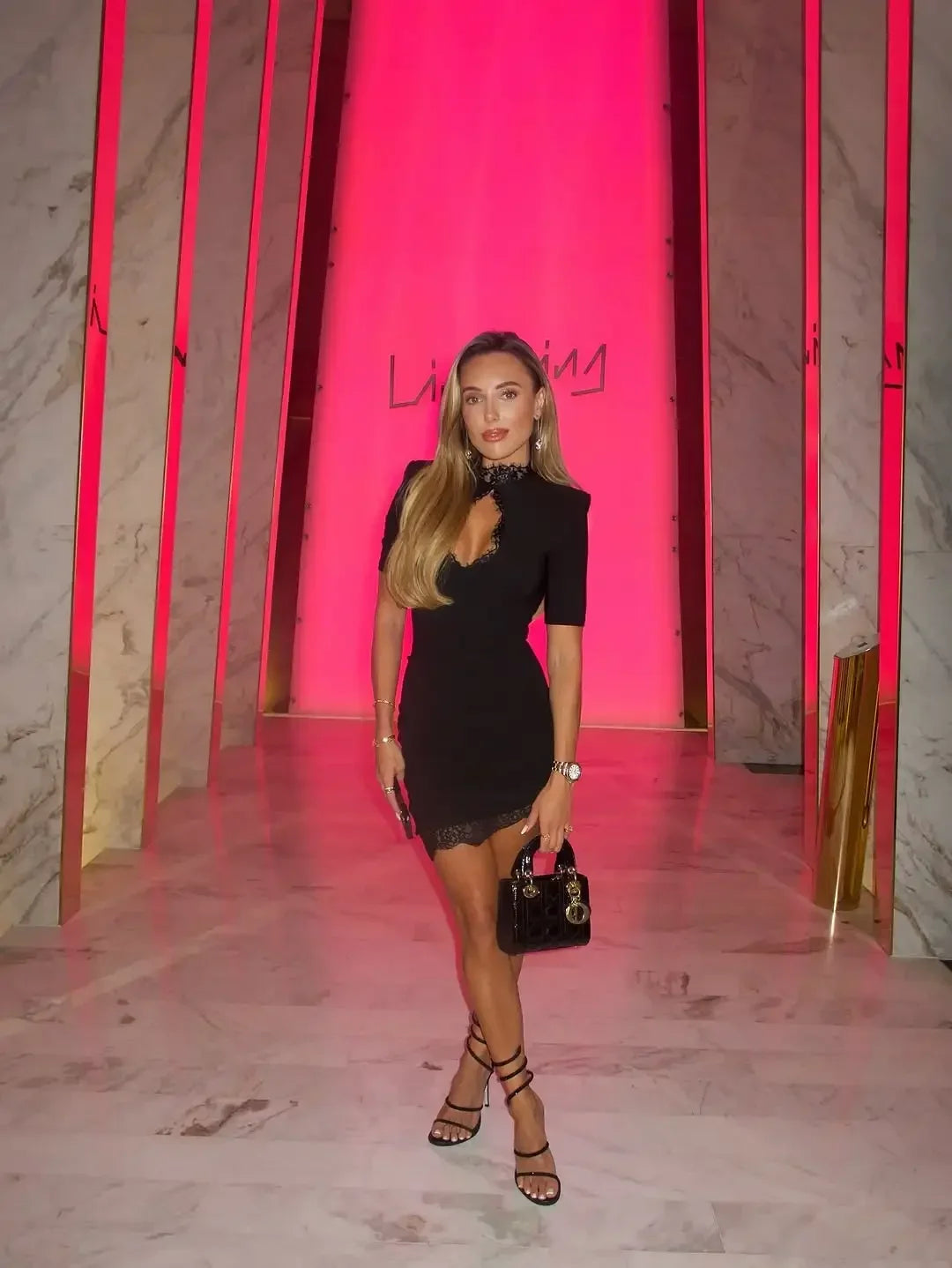 Lady Black Lace Hollow Out Mini Dress Women Elegant Short Sleeve High Collar Slim Dresses 2025 Fashion Evening Party Wares