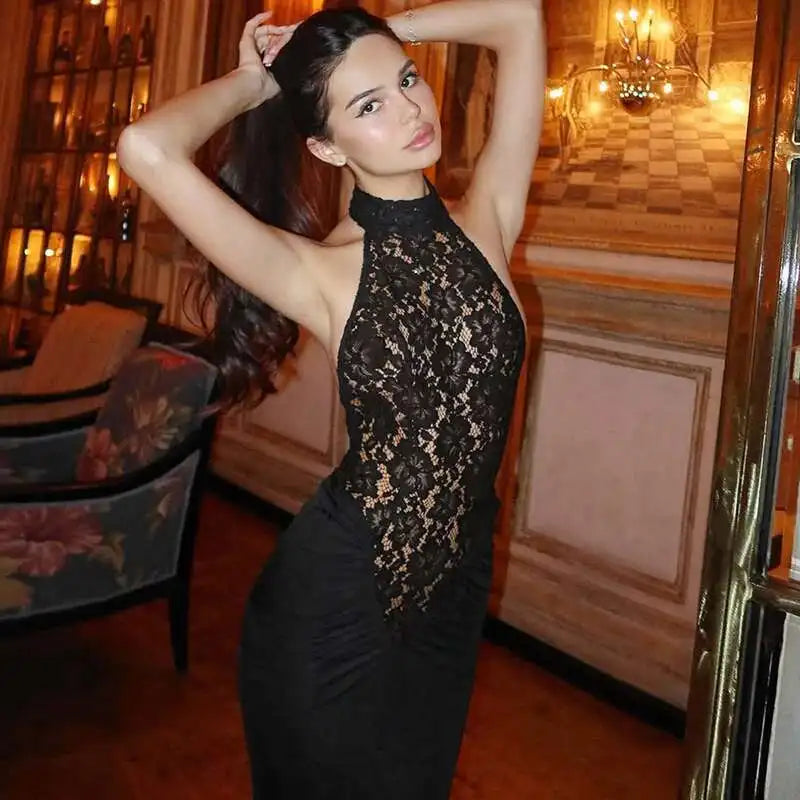 Mozision Schwarzes, schulterfreies, trägerloses, ärmelloses Maxikleid aus Spitze mit Neckholder für Damen – figurbetont, perfekt für Club und Partys