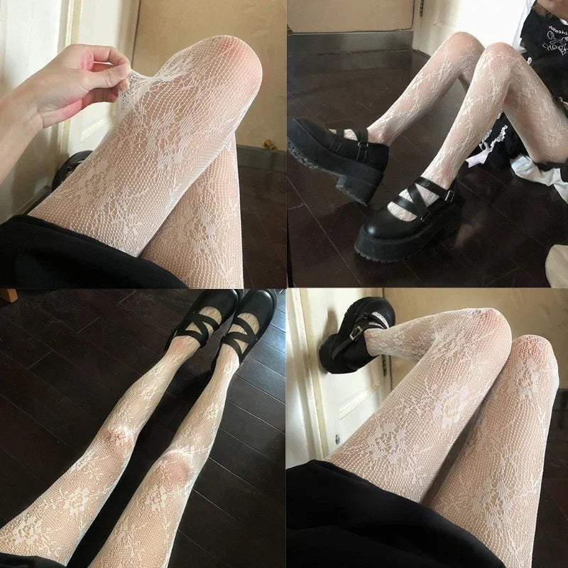 Bas résille longs sexy pour femmes, collants en maille transparente à motifs floraux, lingerie