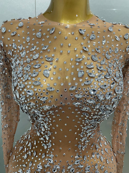 Sexy, glänzendes, langes Stretch-Mesh-Kleid mit Strasssteinen – transparent – ​​2025 – Neu – Damen-Abendkleid, Geburtstagskleid, Partykleid, Ballkleid, Clubkleid, Bühnenkleid für Sängerinnen