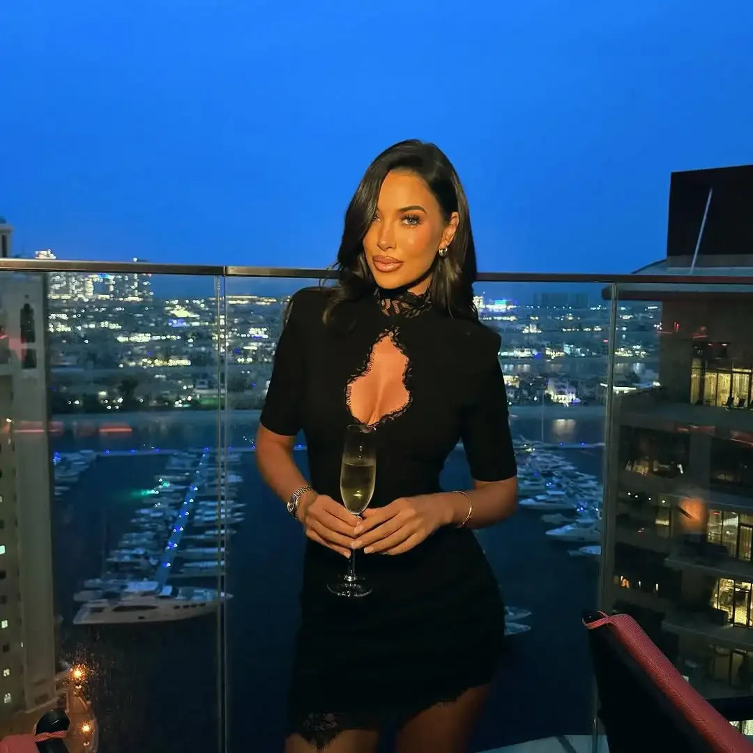 Lady Black Lace Hollow Out Mini Dress Women Elegant Short Sleeve High Collar Slim Dresses 2025 Fashion Evening Party Wares