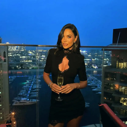 Lady Black Lace Hollow Out Mini Dress Women Elegant Short Sleeve High Collar Slim Dresses 2025 Fashion Evening Party Wares