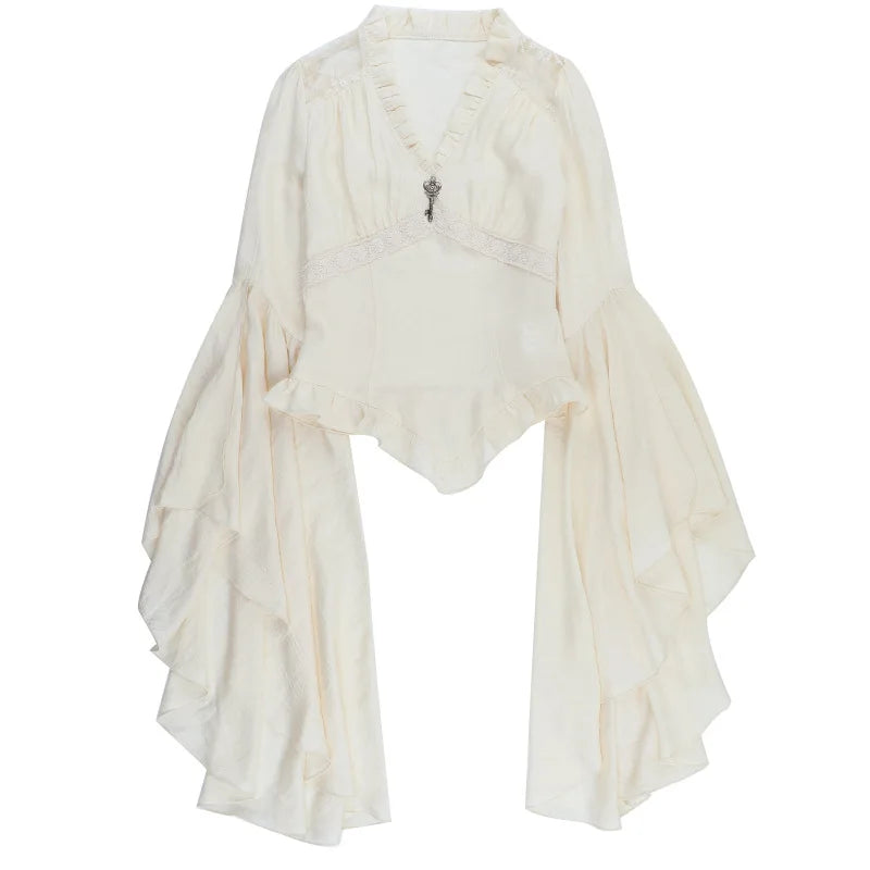 Goth Dark Vintage Fashion Blouses Shirts Women Batwing Sleeve Mall Gothic V-Neck Slim Shirts Tops Embellished Halloween Clothes