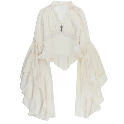 Goth Dark Vintage Fashion Blouses Shirts Women Batwing Sleeve Mall Gothic V-Neck Slim Shirts Tops Embellished Halloween Clothes