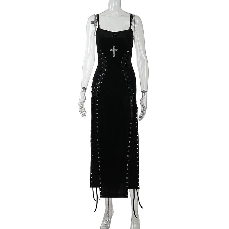 Punk-Grunge-Kleid mit hohem Beinschlitz, Trägern, 90er-Jahre-Streetwear-Stil, sexy Samtkleid mit Maisbandage, Gothic-Kleidung