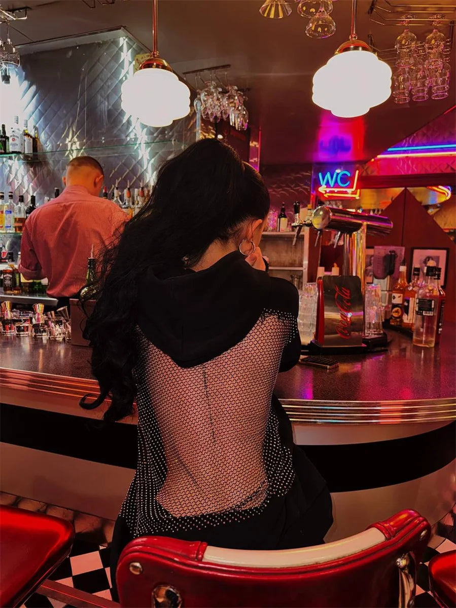 Women's Fashion Translucent Pullover Sweatshirt American Gothic Sexy Hollow Mesh Hoodie Y2K Clothes Casual Long Sleeves Jacket