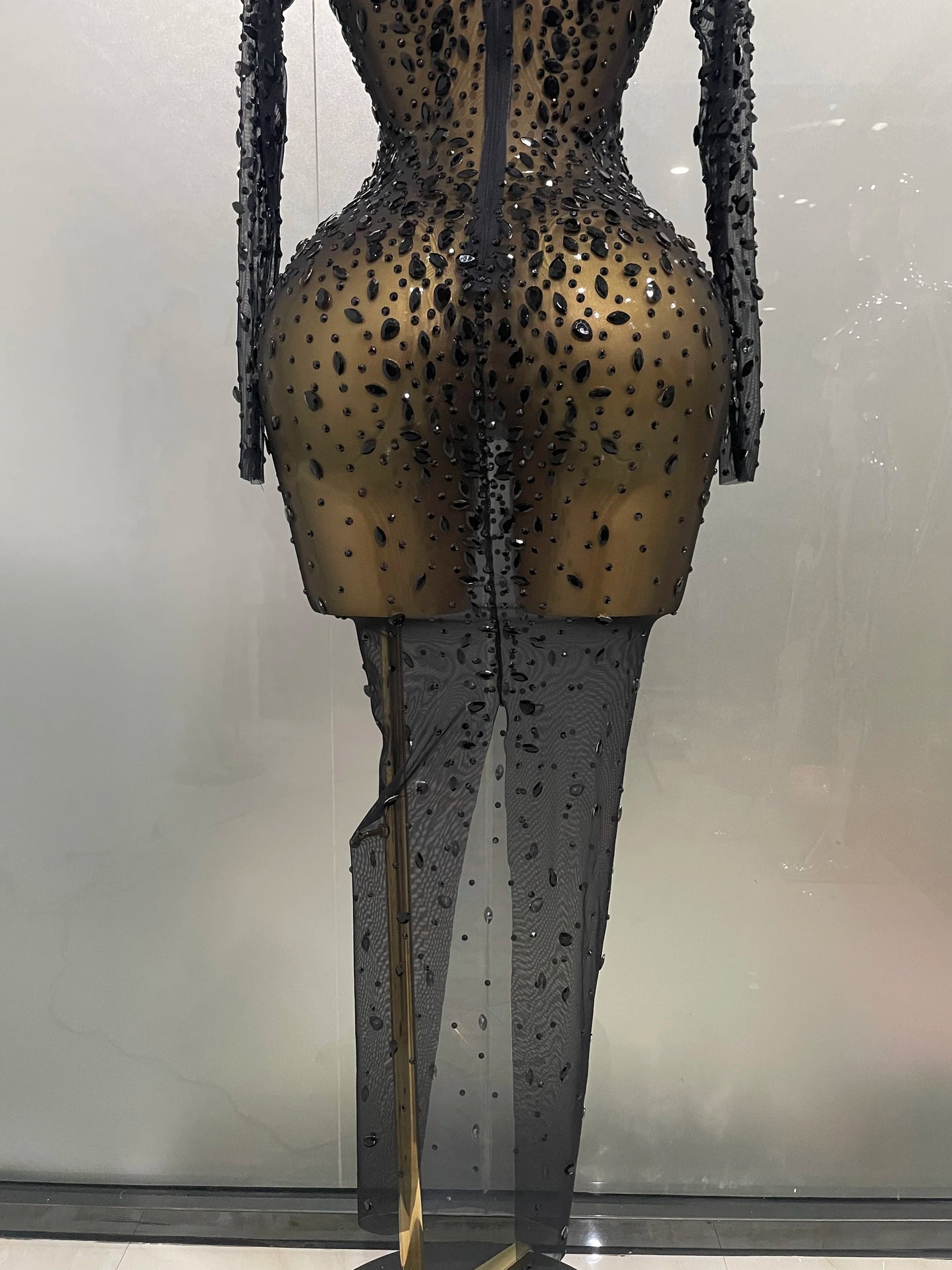 Sexy, glänzendes, langes Stretch-Mesh-Kleid mit Strasssteinen – transparent – ​​2025 – Neu – Damen-Abendkleid, Geburtstagskleid, Partykleid, Ballkleid, Clubkleid, Bühnenkleid für Sängerinnen