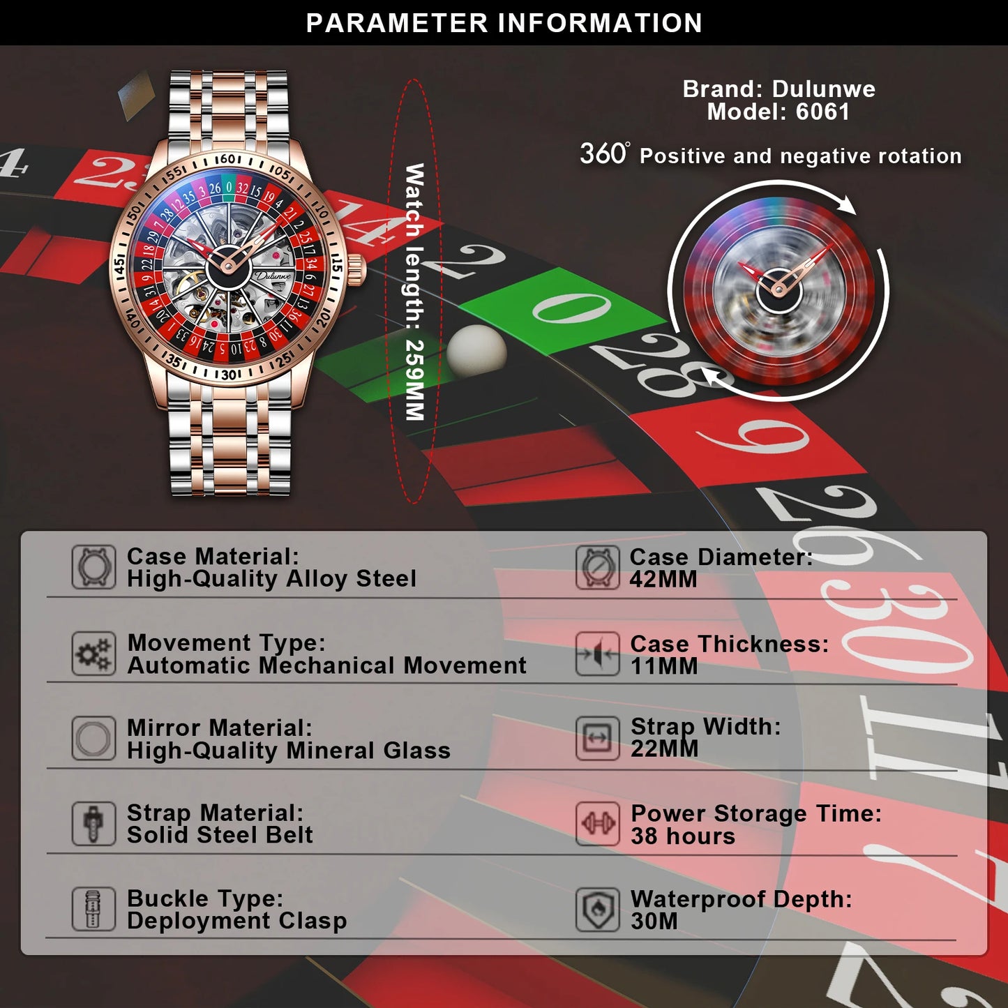 DULUNWE Spinning Roulette Automatic Watch