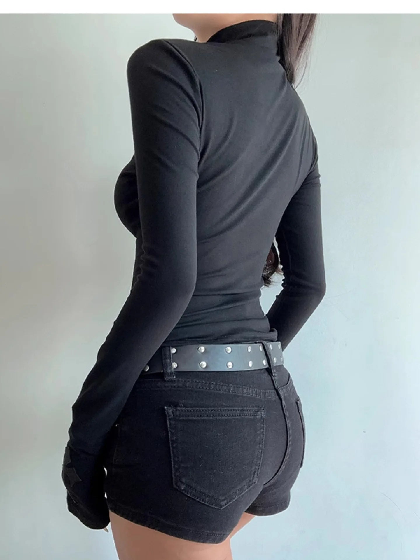 Rollkragenpullover Y2K Kleidung Schwarz Gothic Kreuz Hohl Slimming Bottom T-Shirt für Damen Langarm Sexy T-Shirt Mädchen Tops