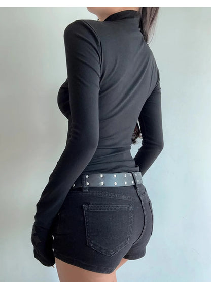 Rollkragenpullover Y2K Kleidung Schwarz Gothic Kreuz Hohl Slimming Bottom T-Shirt für Damen Langarm Sexy T-Shirt Mädchen Tops