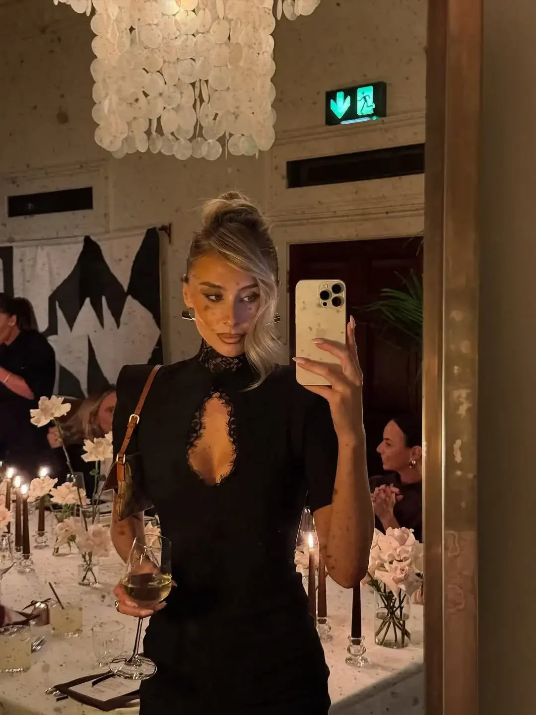 Lady Black Lace Hollow Out Mini Dress Women Elegant Short Sleeve High Collar Slim Dresses 2025 Fashion Evening Party Wares