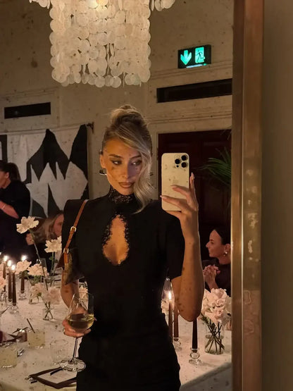 Lady Black Lace Hollow Out Mini Dress Women Elegant Short Sleeve High Collar Slim Dresses 2025 Fashion Evening Party Wares