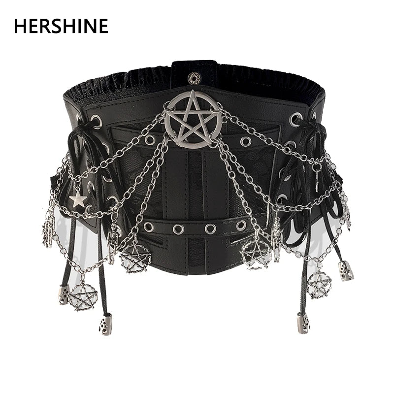 HERSHINE 1 piece women's Y2K black chain waist belt five-pointed star decoration Gothic style street style Halloween cosplay