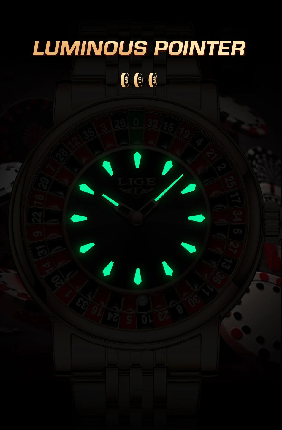 LIGE Luxury Roulette Watch - Creative Game Dial Waterproof Luminous